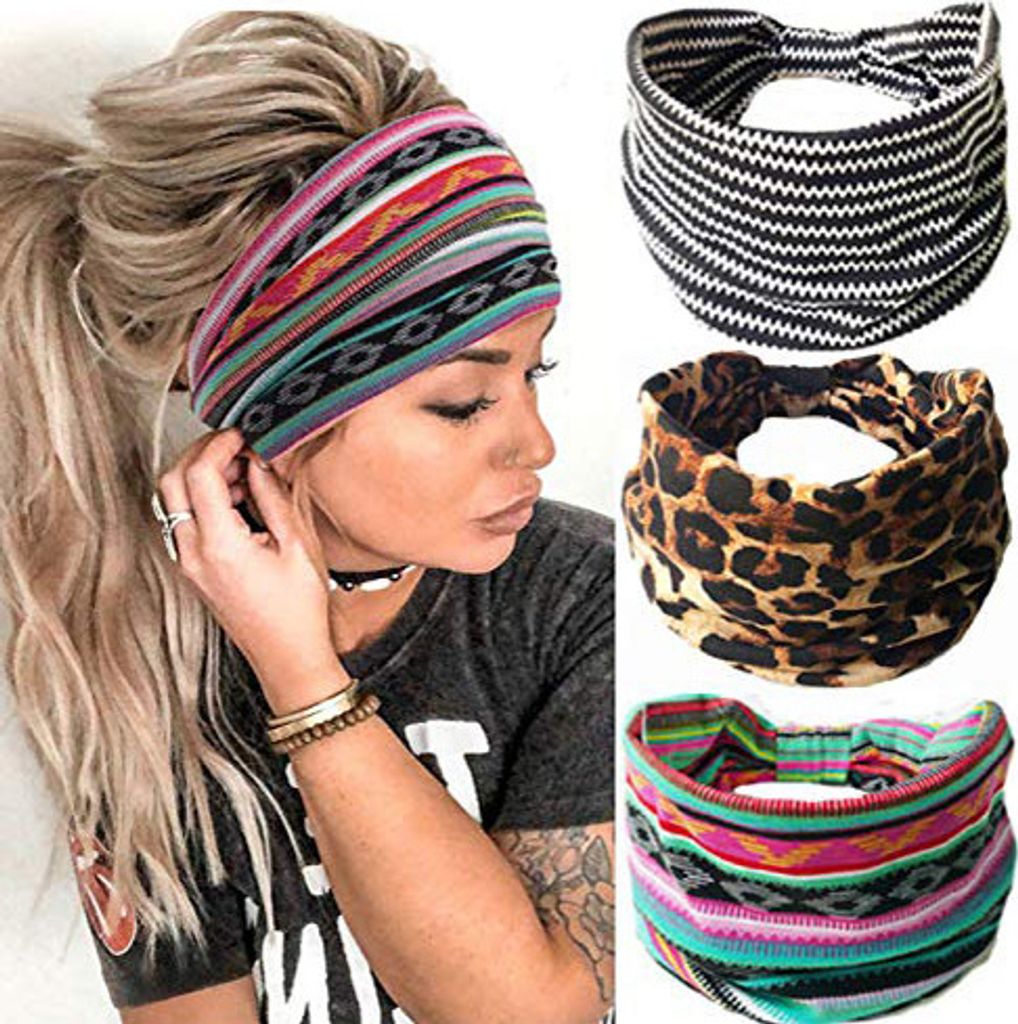 Boho Headbands Leopard Hair Bands Knoted Turban Headband Stretch Twist Head Wraps Stripe Cloth Head Bands for Women and Girls 3 Pcs (Boho)