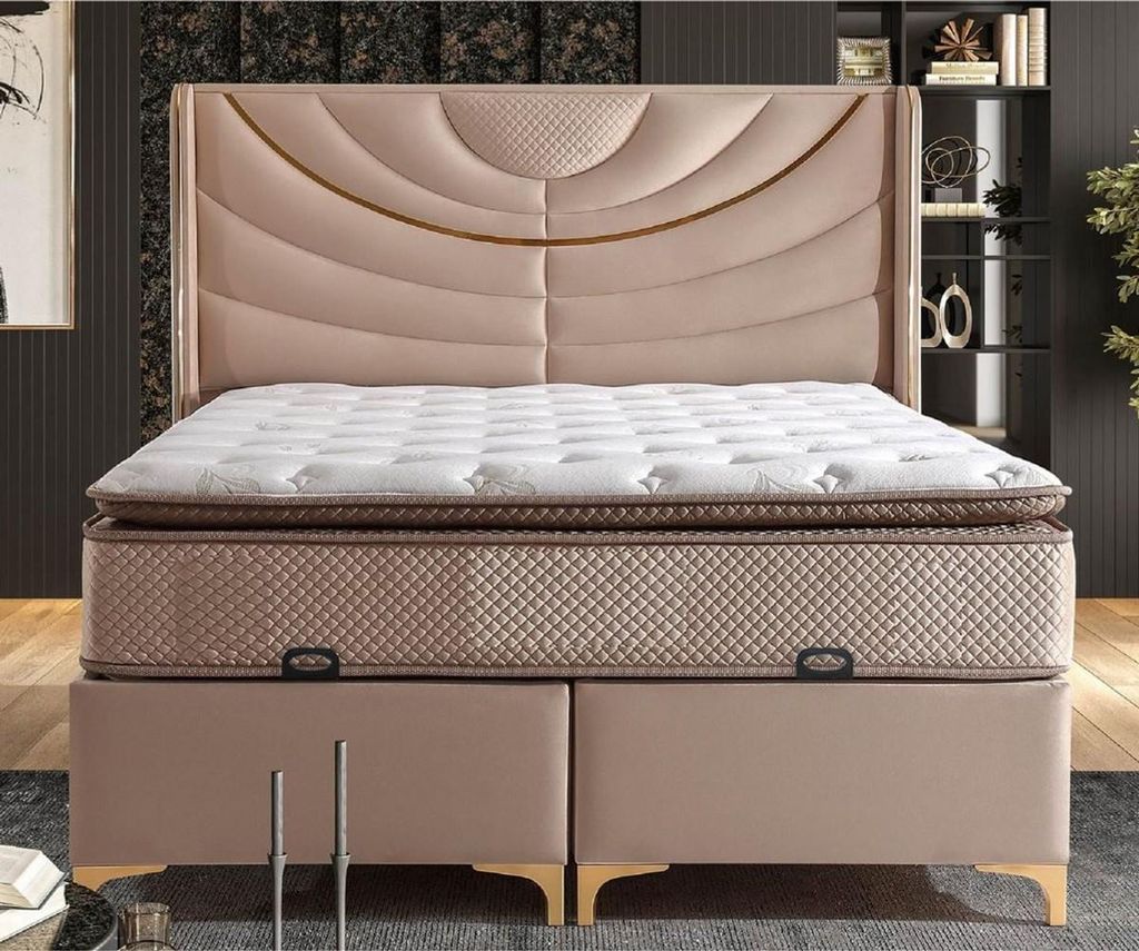 Casa Padrino Luxus Doppelbett Beige / Gold - Verschiedene Größen - Massivholz Bett mit Kopfteil und Matratze - Schlafzimmer Möbel - Hotel Möbel...