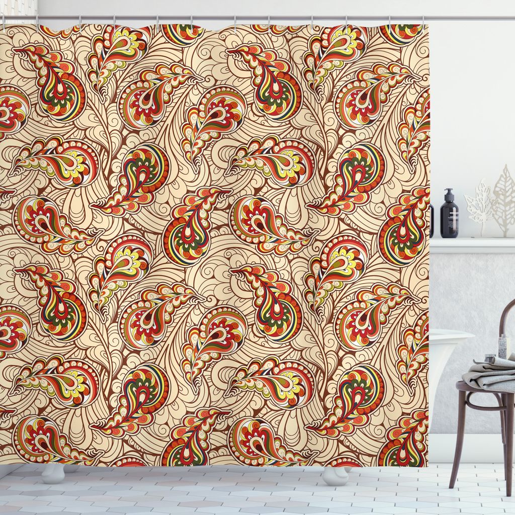 ABAKUHAUS Fallen Duschvorhang, Ethnische Blätter, Set inkl.12 Haken aus Stoff Wasserdicht Bakterie und Schimmel Abweichent, 175 x 180 cm, Rote Beige