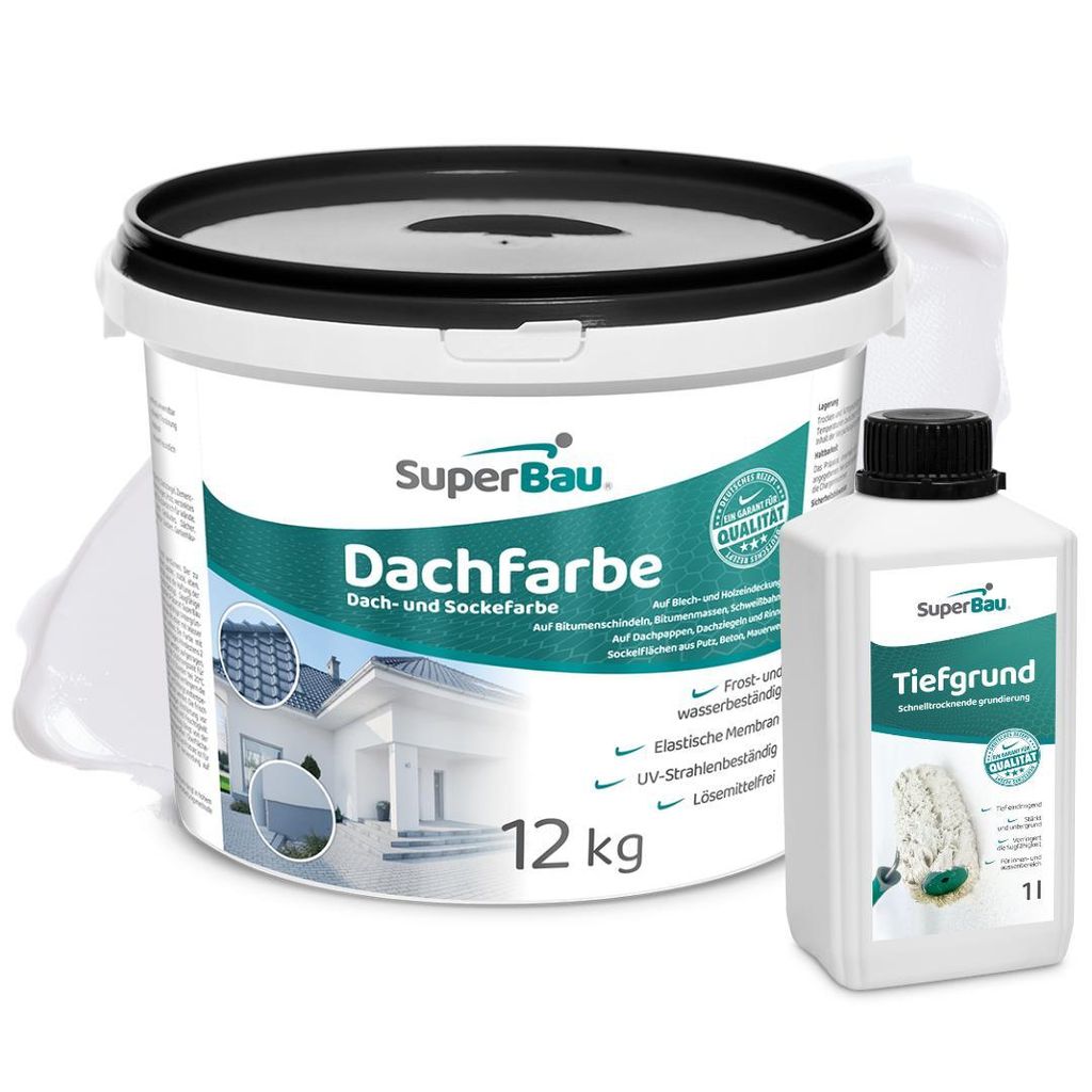 Superbau Dachfarbe Weiß 12kg, SET MIT TIEFGRUND 1L, Sockelfarbe WASSERDICHT, Dachbeschichtung für Blechdach, Bitumen, Dachpappe, Schindeln, Putz