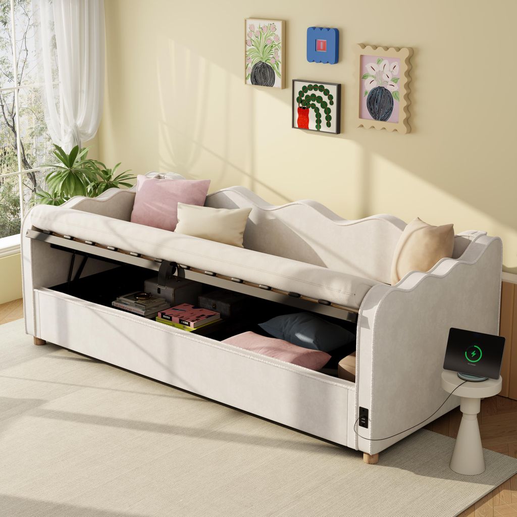 MODFU Tagesbett 90 x 200 Polsterbett mit hydraulischem Stauraum,Schlafsofa Daybett mit USB und Rückenlehne,samt,ohne Matratze,Beige