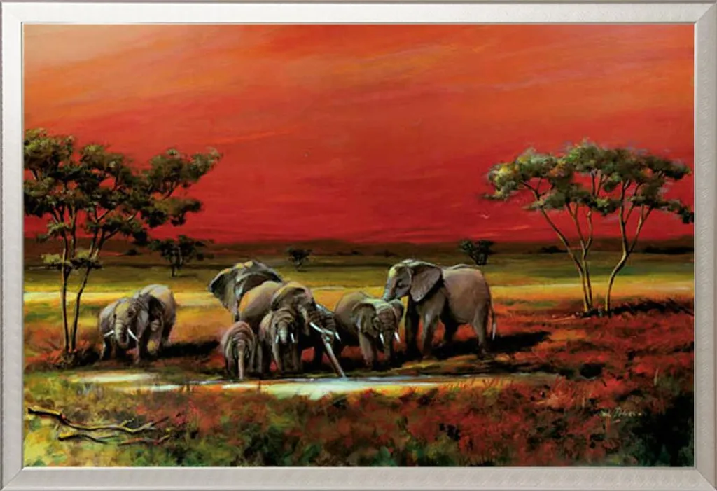 Africa - Poster - Elefanti + cornice rimovibile, Shinsuke® Maxi alluminio argento, vetro acrilico