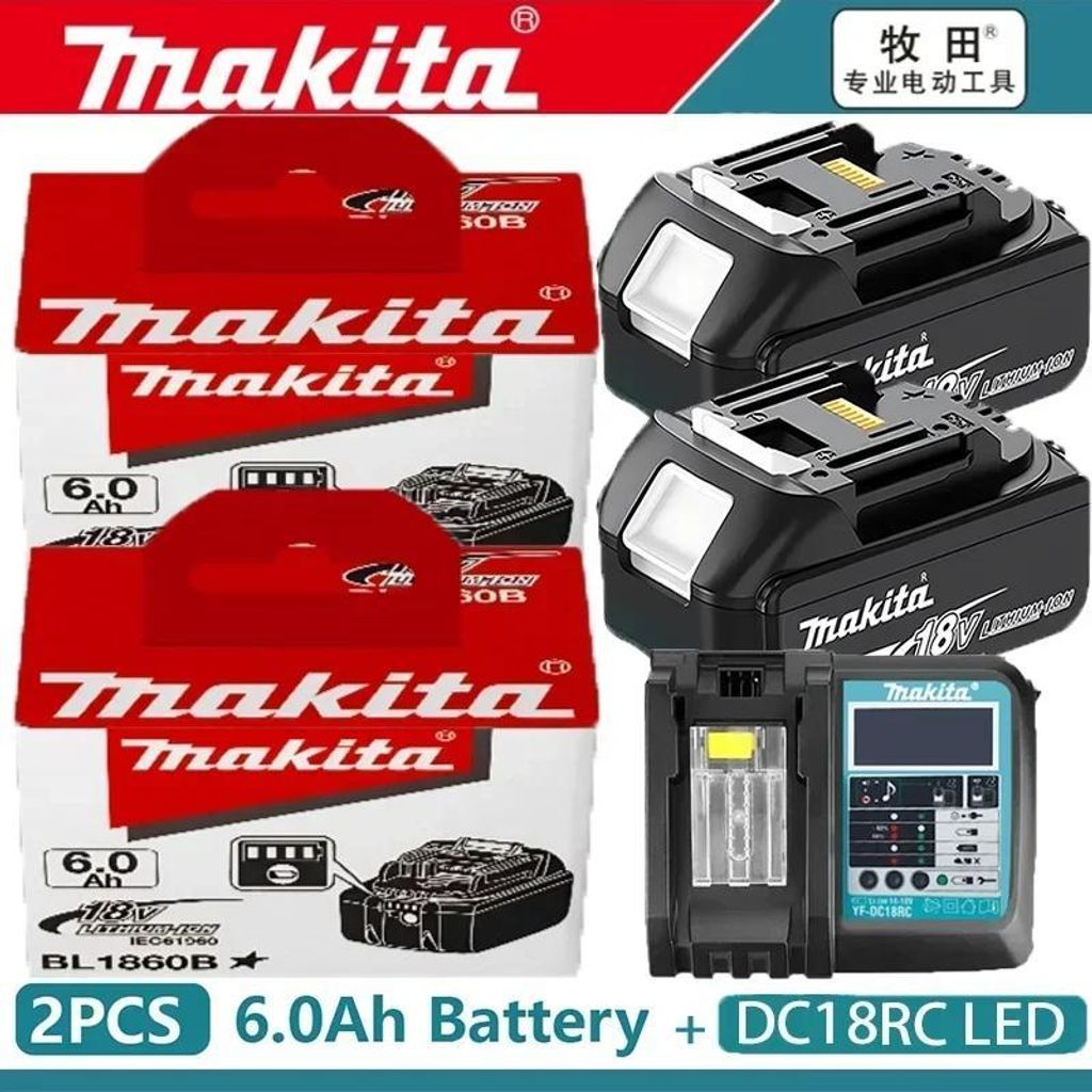 18V Li-Ion Akku-Set - BL1860/BL1850 Ersatzakku-Set - 2x 6,0Ah - Ladegerät mit LED - Akkustandsanzeige - Für kabellose Elektrowerkzeuge - Beige