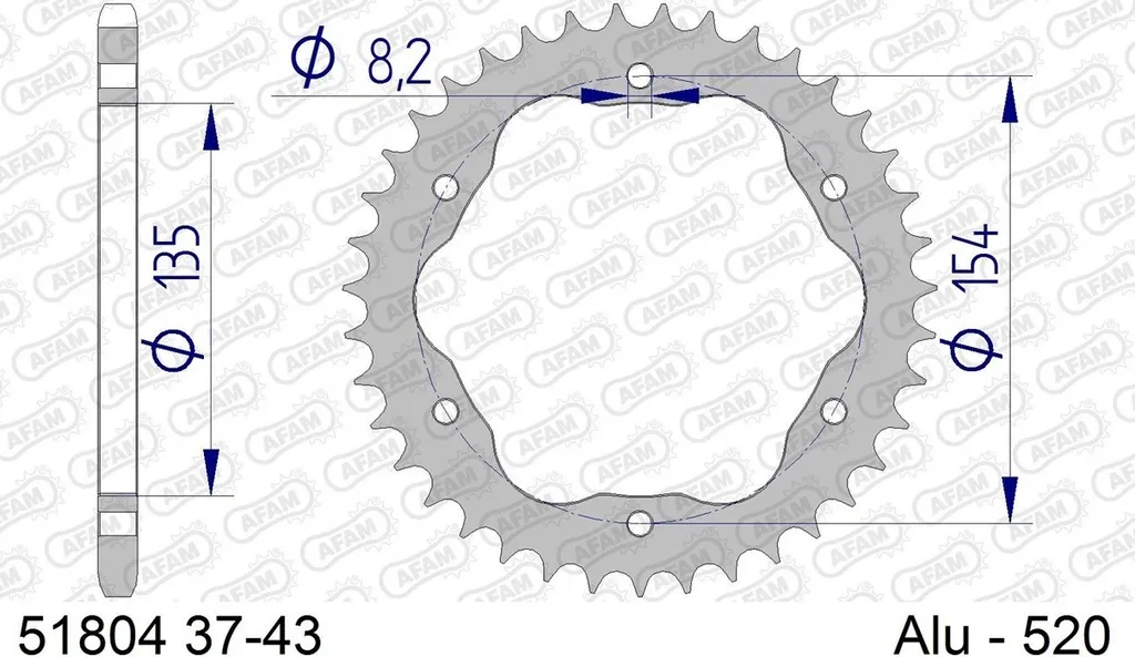 Transmission moto AFAM 520 Couronne Alu 39Z pour montage 6 trous 154