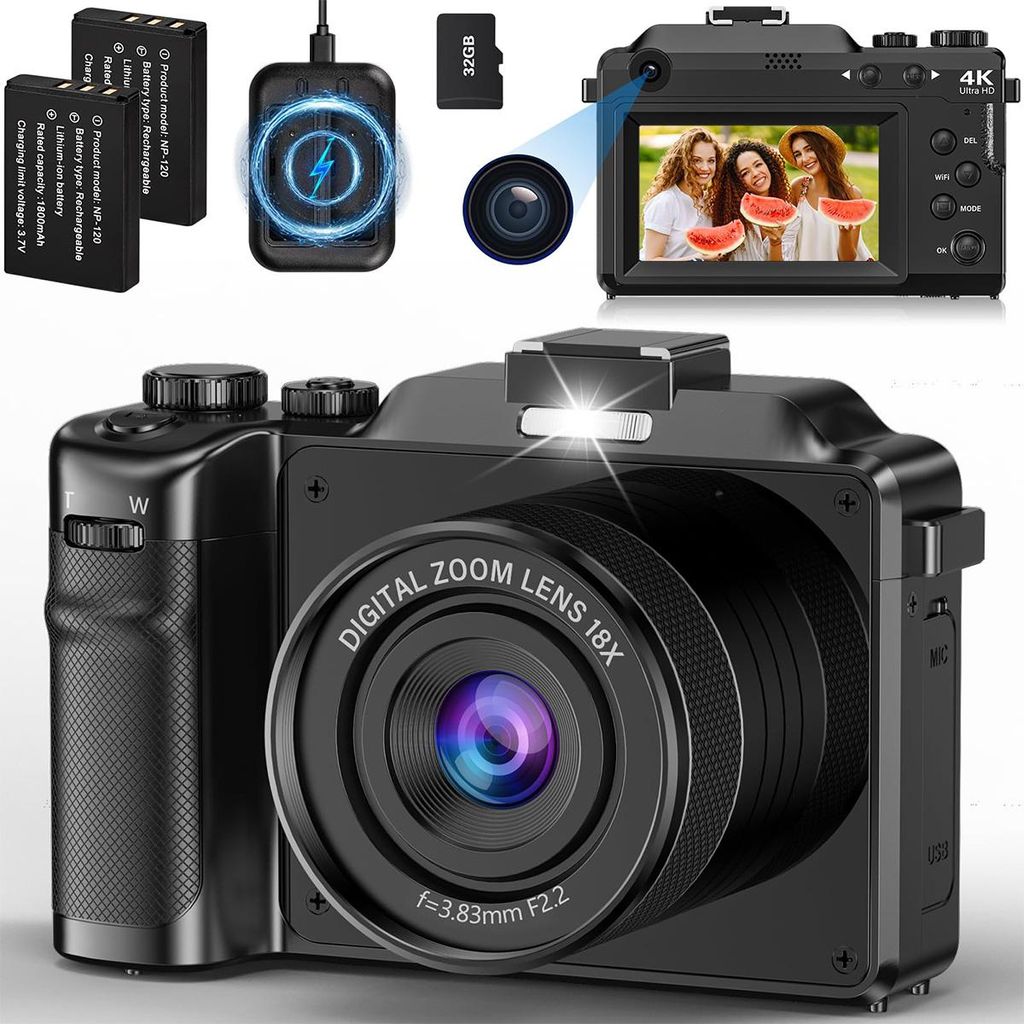 Retro-Kamera, 4K-Digitalkamera, 6400 W Pixel, mit 32 GB Karte, 18-fach Digitalzoom, Autofokus-Kompaktkamera, geeignet für Kinder, Anfänger, Teenager
