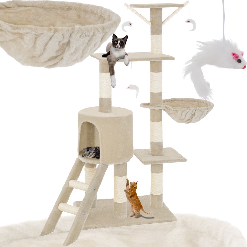 A cat tree with multiple levels, scratching posts, and hanging toys, featuring several cats interacting with it.