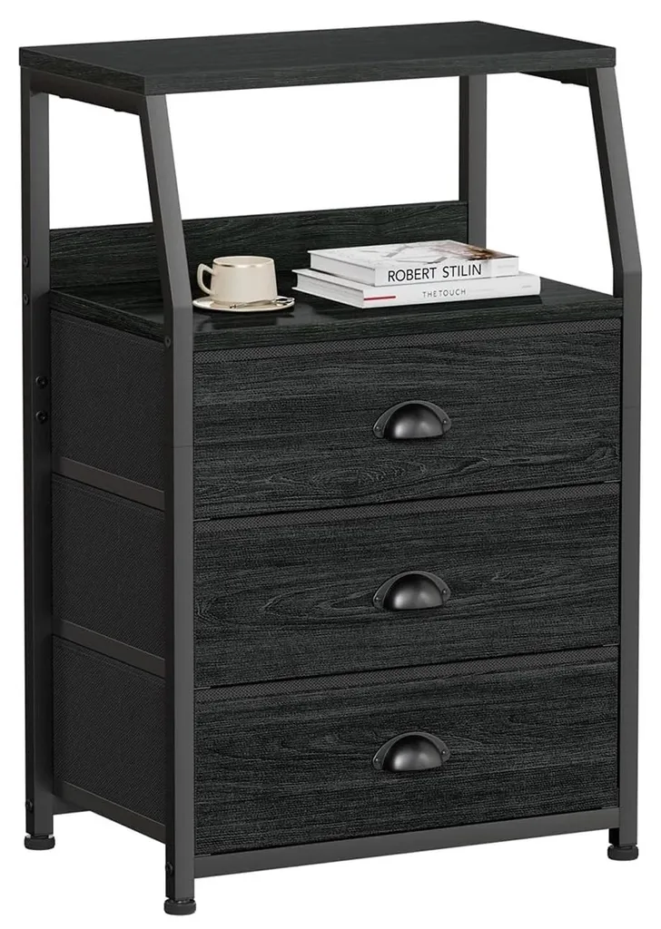 Table de nuit noire pour lit haut - Rangement 3 tiroirs bois et métal