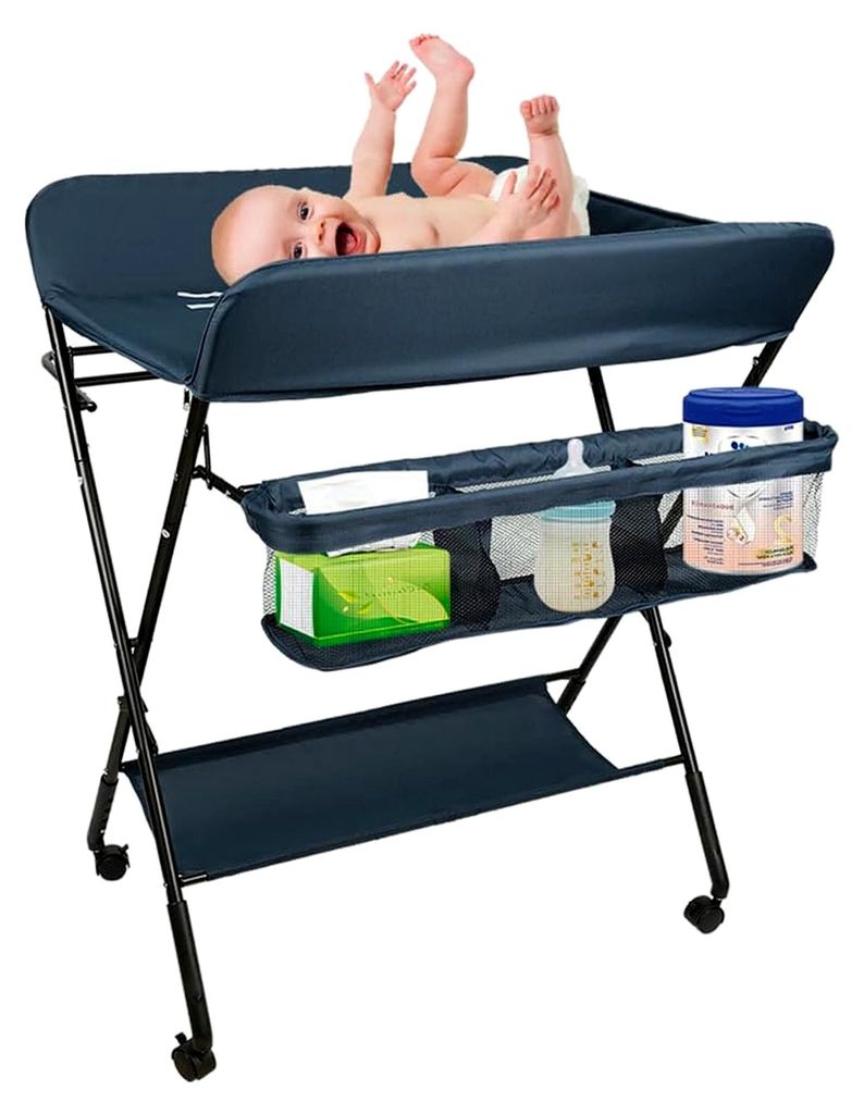 Wickeltisch, faltbar, tragbar, Wickeltisch mit Aufbewahrungskorb, platzsparend, faltbar, 3 verstellbare Höhen, 80 x 66 x 92 – 95 – 98 cm (dunk...