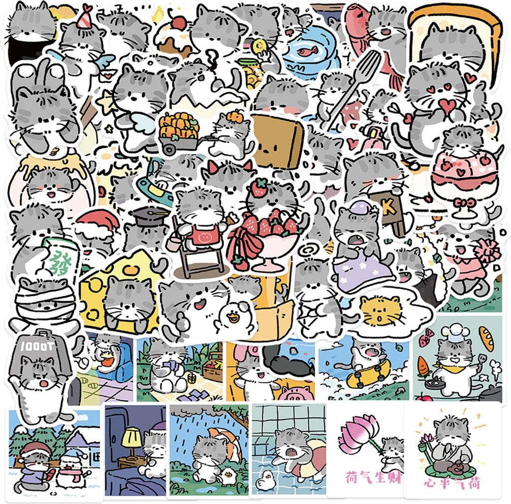 60pcs/Set Cartoon Cat Aufkleber Netter Kätzchen Tier selbst klebend wasserdichte PVC Abnehmbare Telefonabdeckung Gepäck Skateboard Laptop Scrapbo...