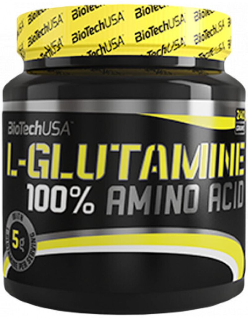 A close-up of a black plastic container of L-Glutamine powder.