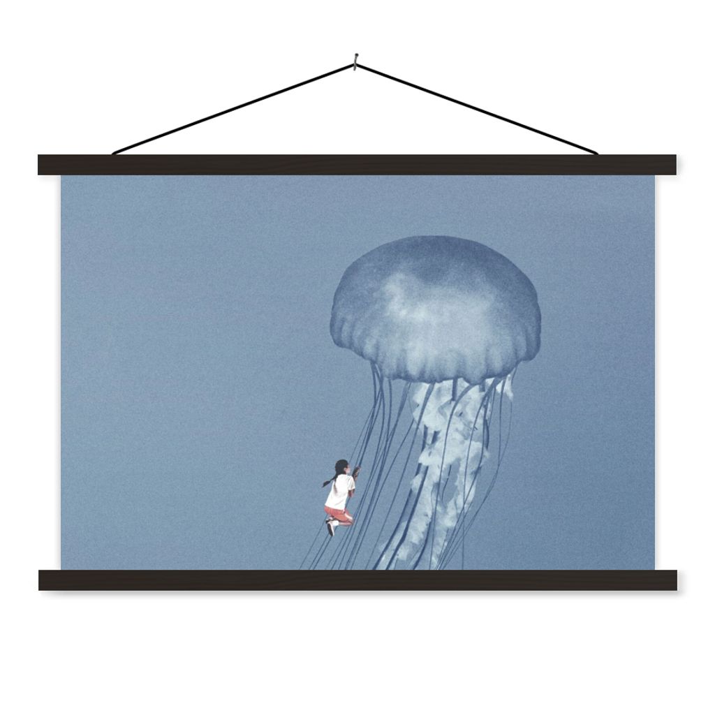 MuchoWow Textilposter Kinder - Quallen - Meerestiere - Vintage 60x40 cm mit schwarzem Rahmen - Hölzernes