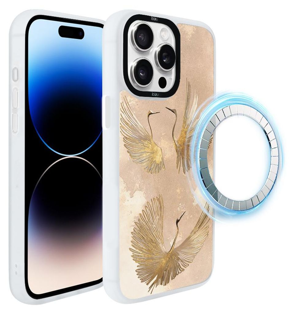 Schutzhülle für das iPhone 14 Pro Max, MagSafe-kompatibel, mattweiße Seiten, goldene Vögel, Kraniche