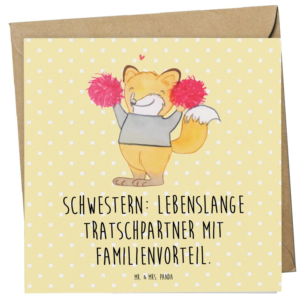 Mr. & Mrs. Panda Klappkarte Schwestern Tratschpartner - Gelb Pastell - Geschenk, Familie, doppelkarte, Freude, faltkarte, Schwester, Glückwunschka...