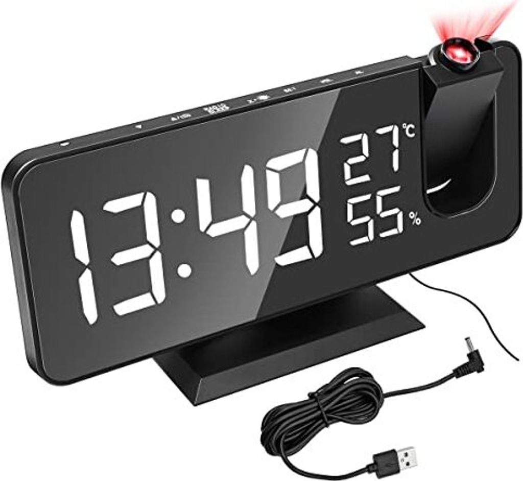 HSThe Sea Projection Rundwagen Schlafzimmer, digitales LED -Display, drahtloser USB -Ladeanschluss, einstellbare Helligkeit, Temperaturfeuchtigkeitsan