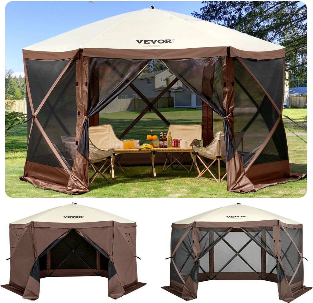 Pavillon-Zelt, 3,6 x 3,6 m, 6-seitiges Pop-up-Camping-Überdachungszelt mit Netzfenstern, tragbarer Tragetasche, Erdnägeln, großen Schattenzelten...