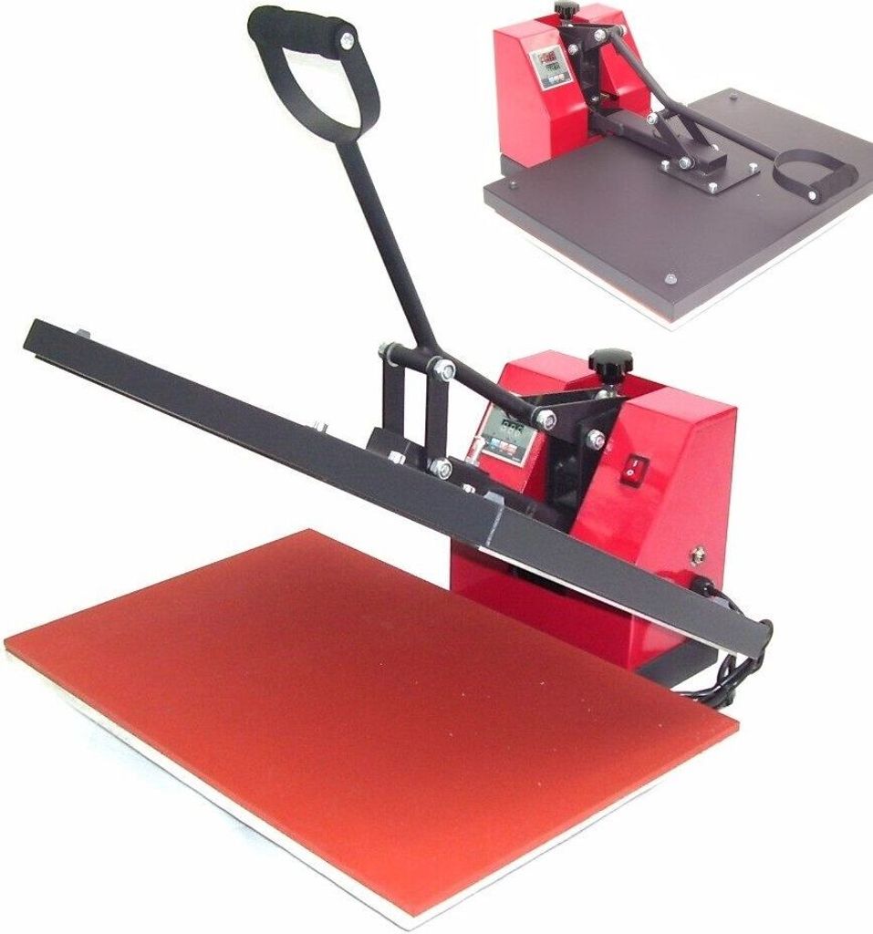 A red heat press machine with a black handle and a red pressing mat is shown against a white background. A smaller, similar machine is visible in the background.