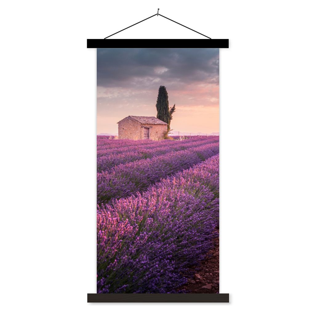 MuchoWow Textilposter Lavendel - Blumen - Lila - Feld 90x180 cm mit schwarzem Rahmen - Dekoration Wohnzimmer