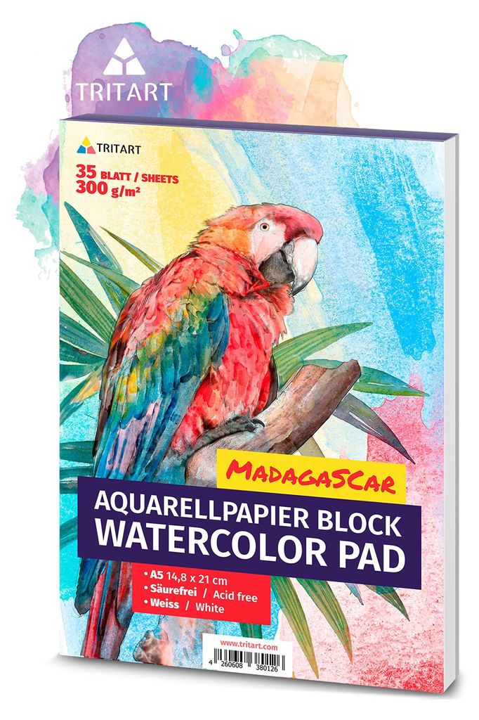 A product shot of a watercolor paper pad with a parrot illustration on the packaging.