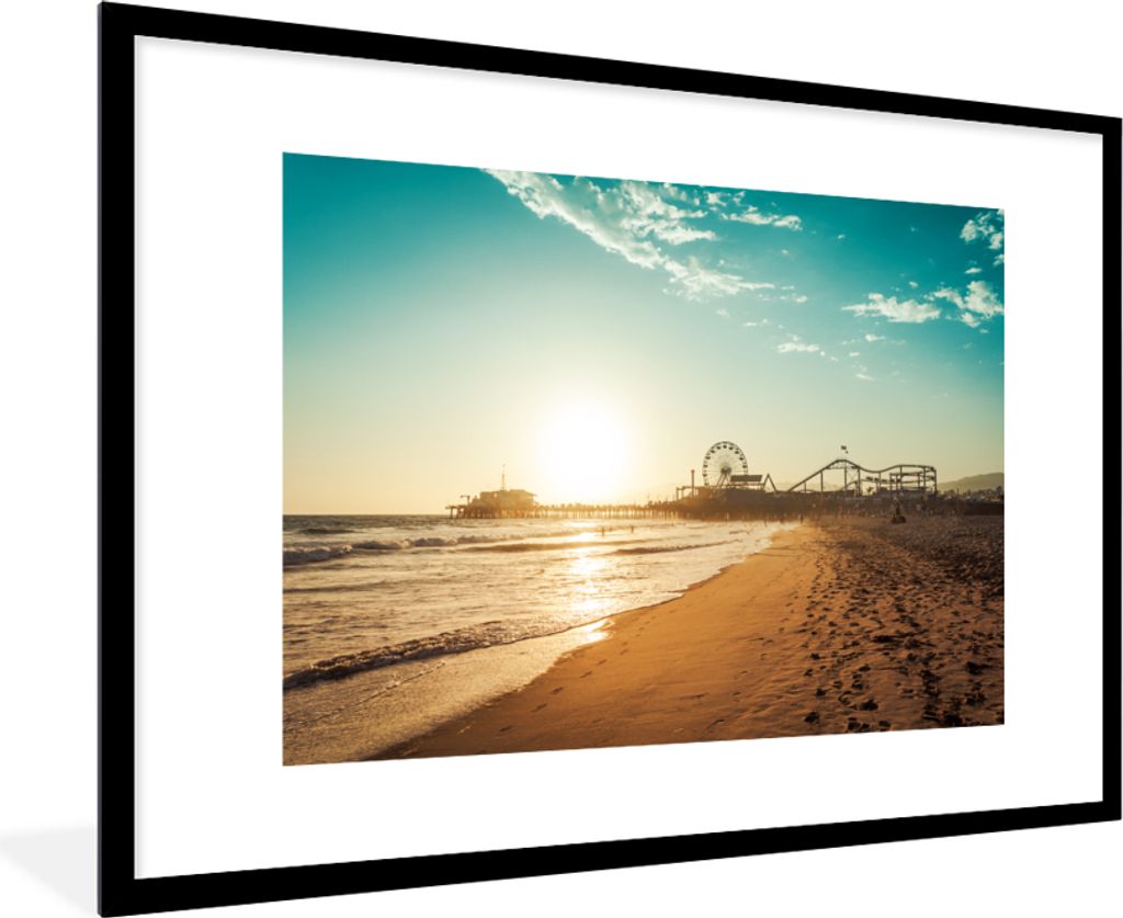MuchoWow MuchoWow Gerahmtes Poster Strand - Meer - Sonnenuntergang - Riesenrad 90x60 cm - Poster mit zchwarzem Bilderrahmen - Wanddekoration - ...