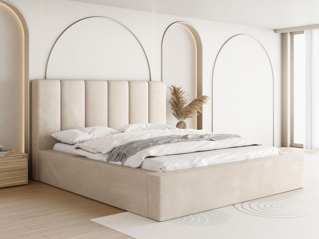 Polsterbett 160x200 mit Bettkasten und Lattenrost – Bett mit hohem Kopfteil, Boucle oder Samt Stoff Weiß, Ecru – Modernes Doppelbett mit Staur...