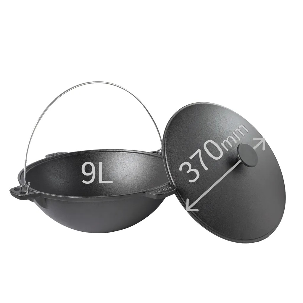 BIOL Kazan in ghisa da 9 litri con manico e coperchio in ghisa, quattro maniglie, casseruola per cucinare, brasare, arrostire, friggere, WOK per Plov