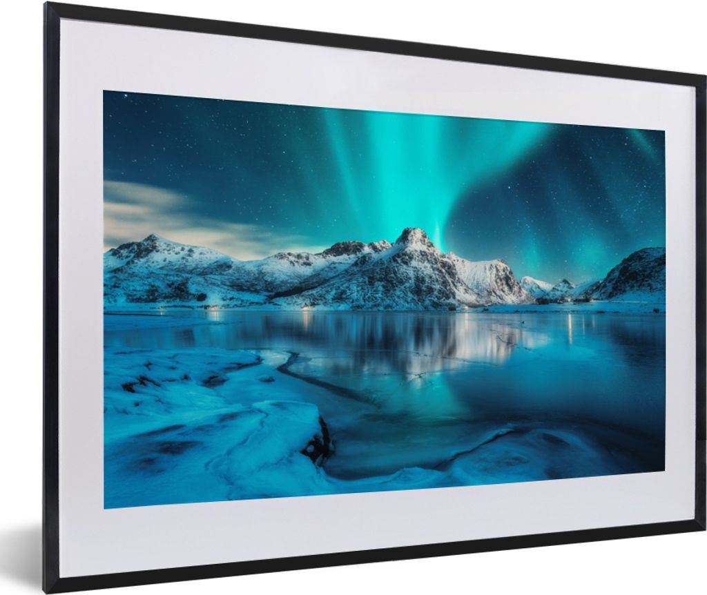 MuchoWow Gerahmtes Poster Nordlicht - Eis - Schnee - Norwegen - Blau - Berge 60x40 cm - Poster mit Schwarzem Bilderrahmen Wandposter Rahmen Foto ...