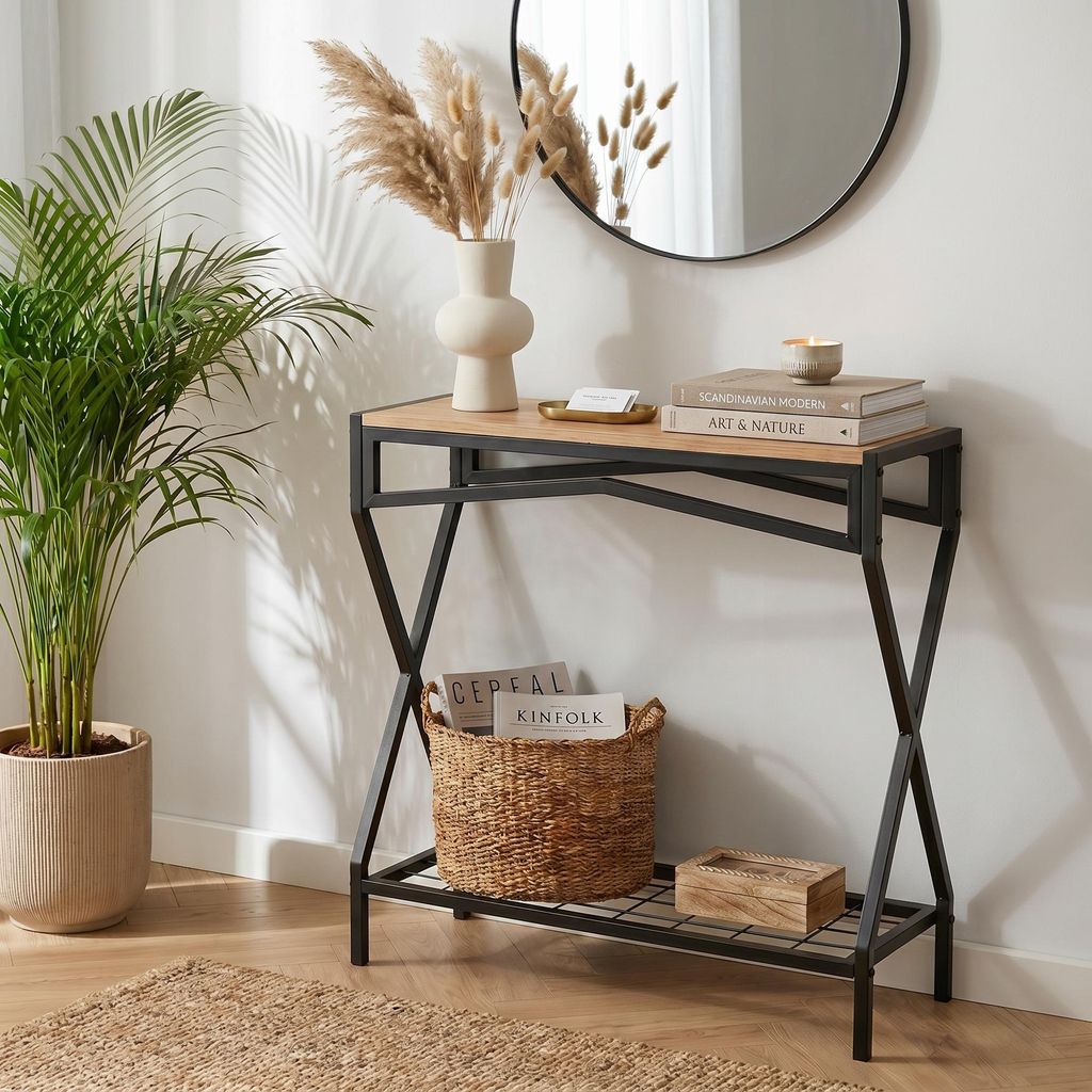 Carenza Home Konsolentisch schmal mit Ablage, Flurtisch Industrial Metall Holz, Beistelltisch Eingangsbereich Wohnzimmer Schlafzimmer, 76 x 30 x 83 cm