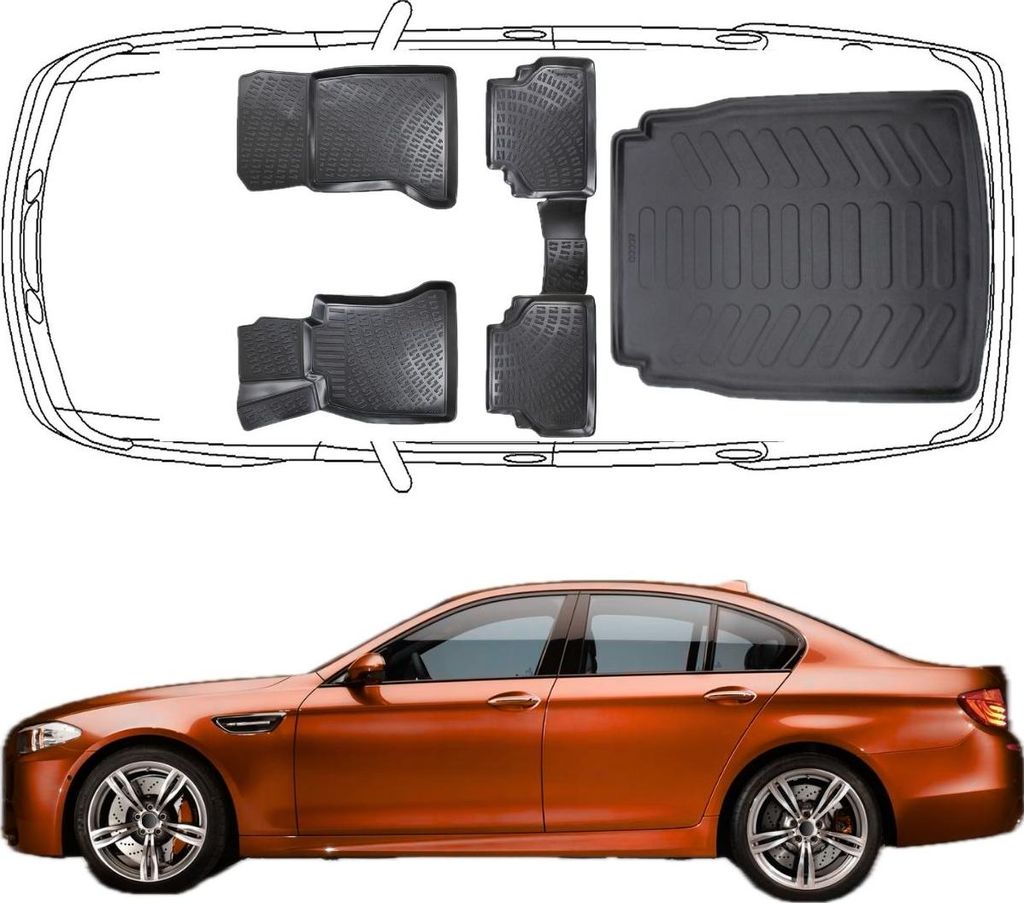 3D Fußmatten & Kofferraumwanne Auto Set Kompatibel mit BMW 5er F10 2010 - 2013 Sedan Limousine