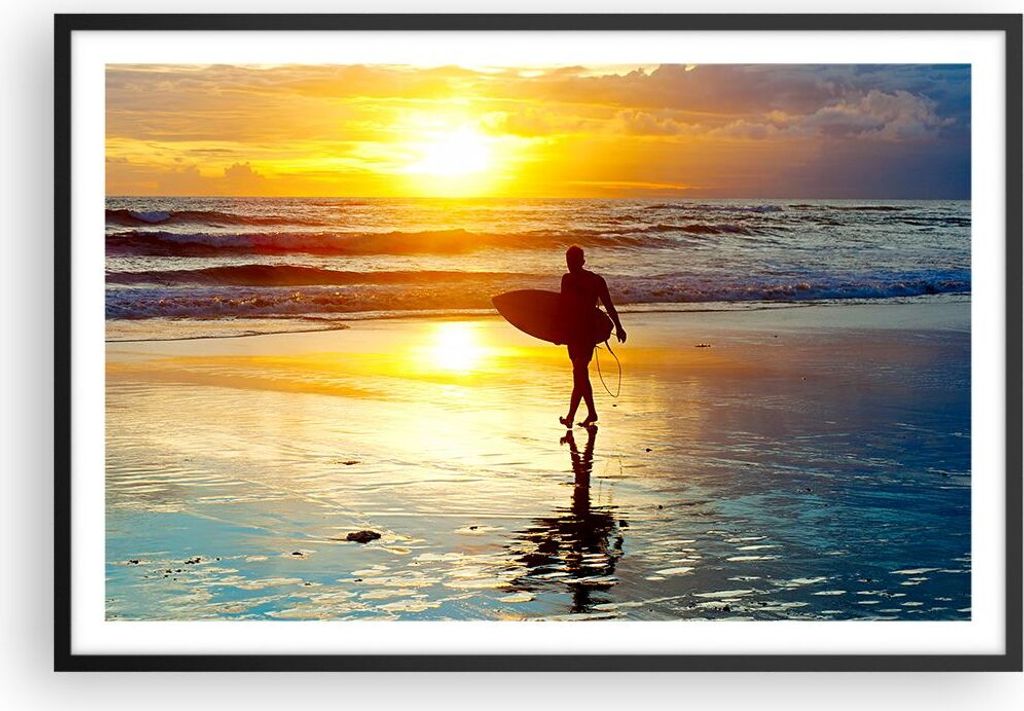 Gerahmtes Poster - Schwarzer Rahmen - Surfer sonnenuntergang ozean brett - 91,5x61 cm - Wand Bild - Wanddeko - Wandbilder - Wandposter - Bilderrahm...