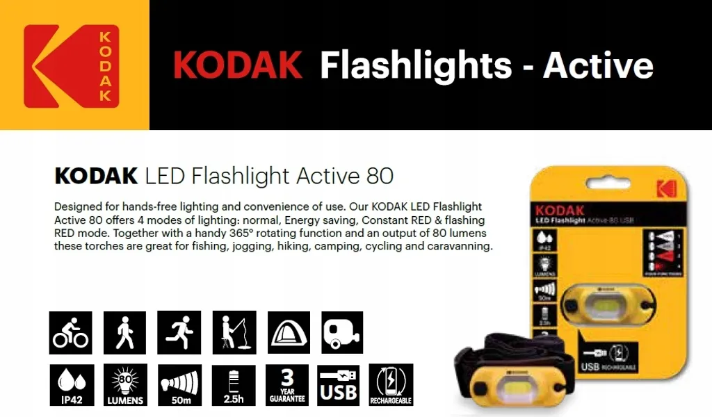 Lampe frontale LED KODAK Active 80 USB rechargeable pour le sport - 3