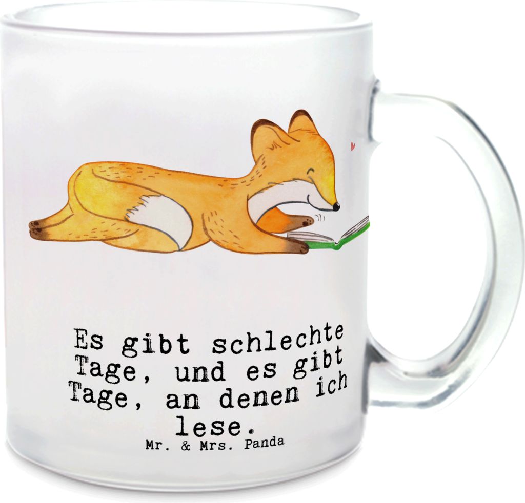 Mr. & Mrs. Panda Teetasse Fuchs Lesen - Transparent - Geschenk, Bücherwurm, Teeglas, Pott, Bücher, Tee Tasse, Glas, Trinkglas