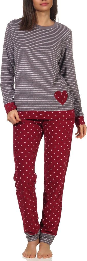 Damen Frottee Pyjama mit Bündchen im Herz Tupfen- und Ringeldesign - auch in Übergrössen ; Ringel rot , 56