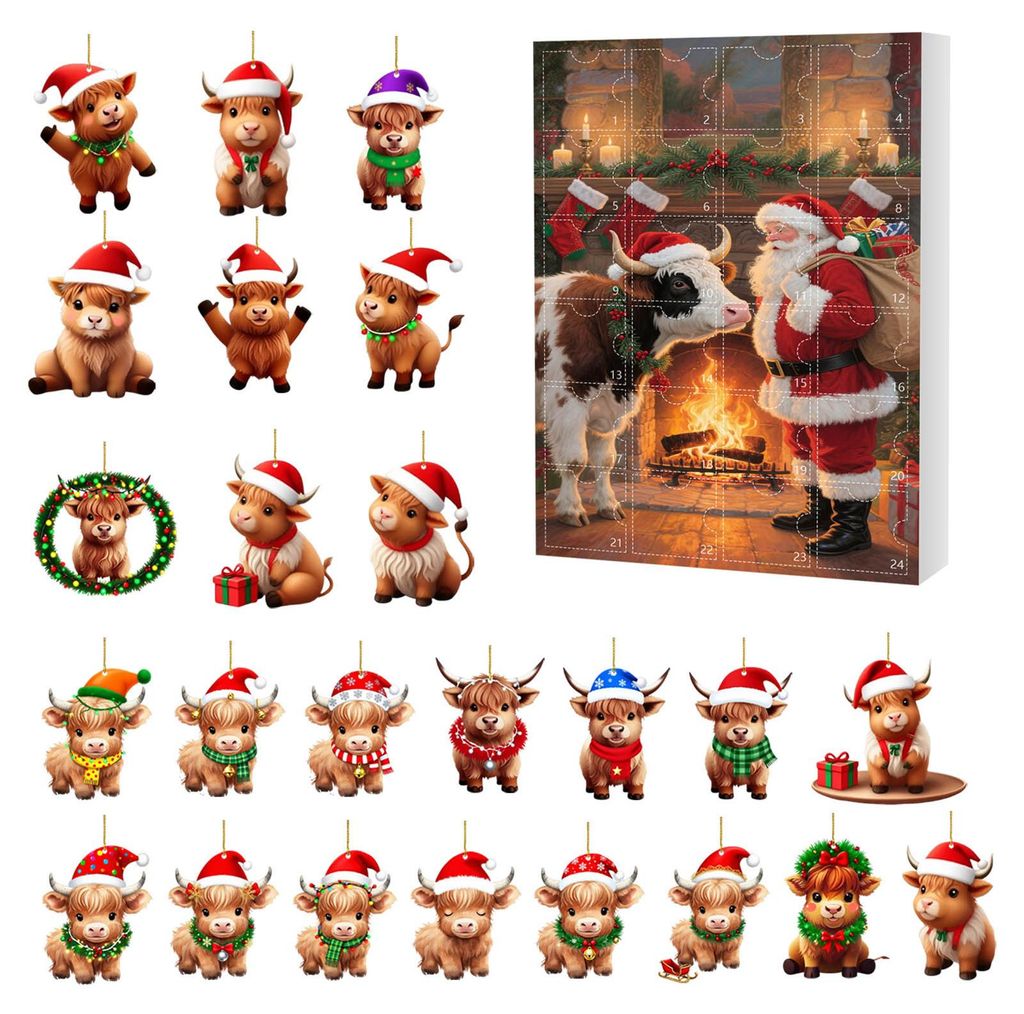 Adventskalender mit schottischem Hochlandrind-Motiv, 24 Tage, lustiger Countdown, 2D-Design, Weihnachtsdekoration zum Aufhängen