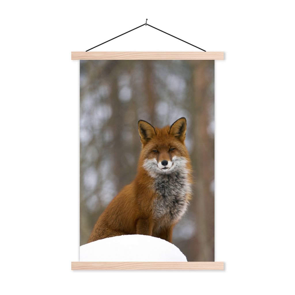 MuchoWow Textilposter Fuchs - Wald - Rot 40x60 cm mit holzfarbenen Rahmen - Poster