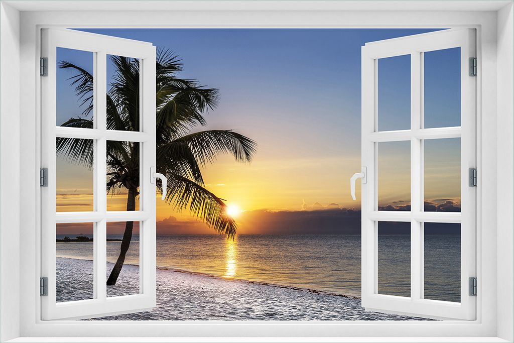 Wallario Poster mit Fenster-Illusion: Palme am Strand - Produktbild 