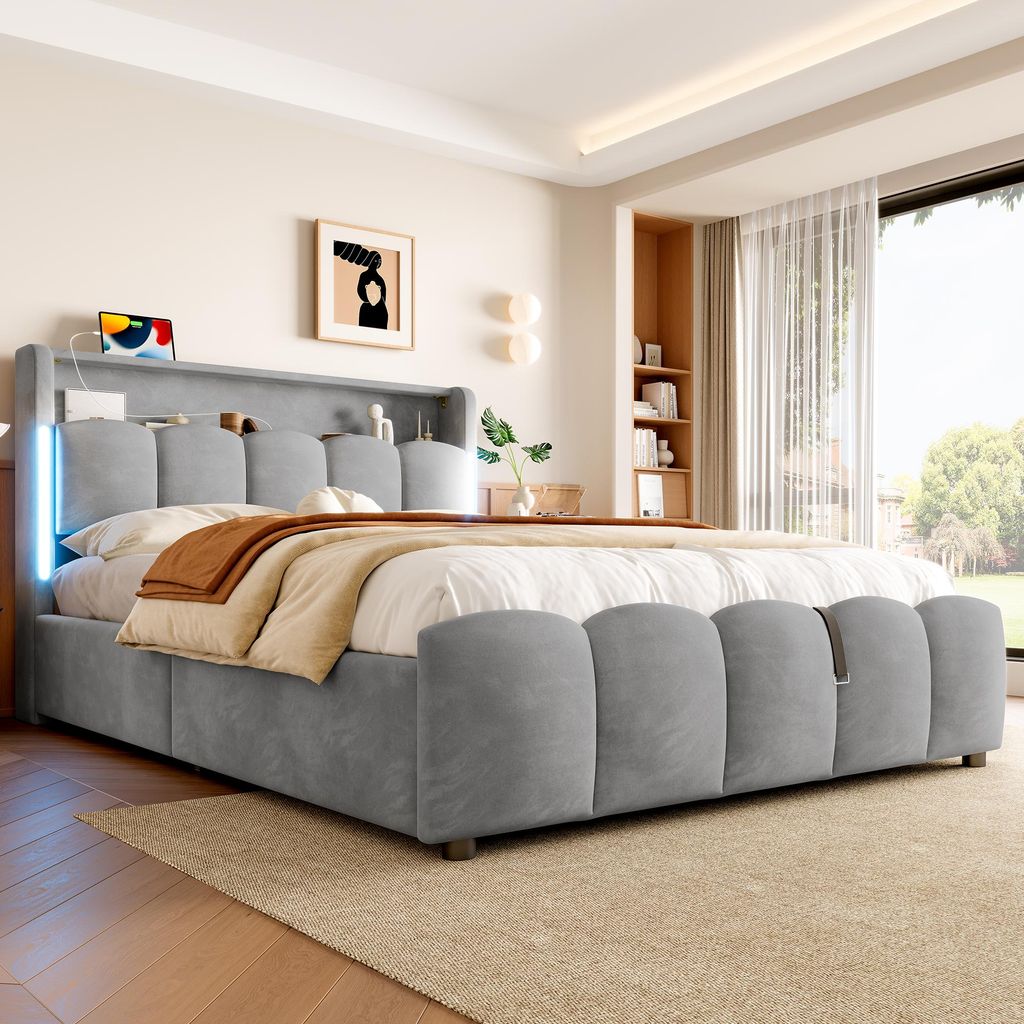 MODFU Polsterbett 140x200 ohne Matratze,Doppelbett Jugendbett mit LED-Beleuchtung,USB-&Typ-C-Anschluss,Staufach-Kopfteil,modernes Stauraumbett,Grau