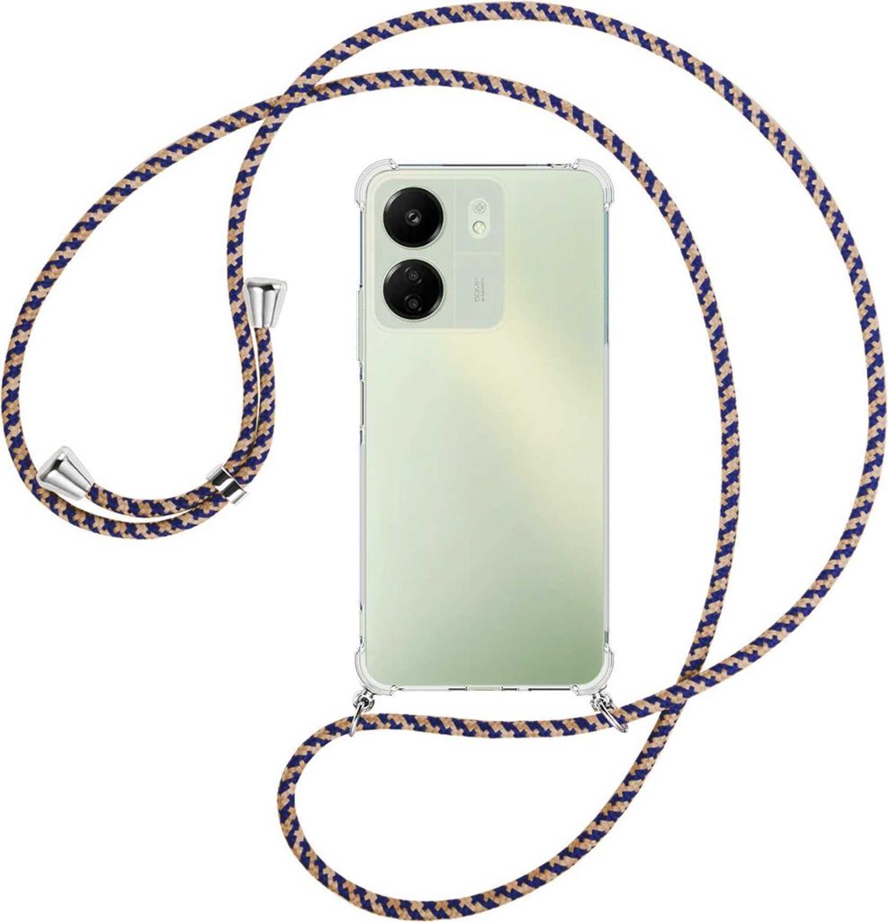 Handykette Backcover-Schutzhülle mit Band (Metall silberfarben) für Xiaomi Redmi 13C (6.71'') - blau+beige