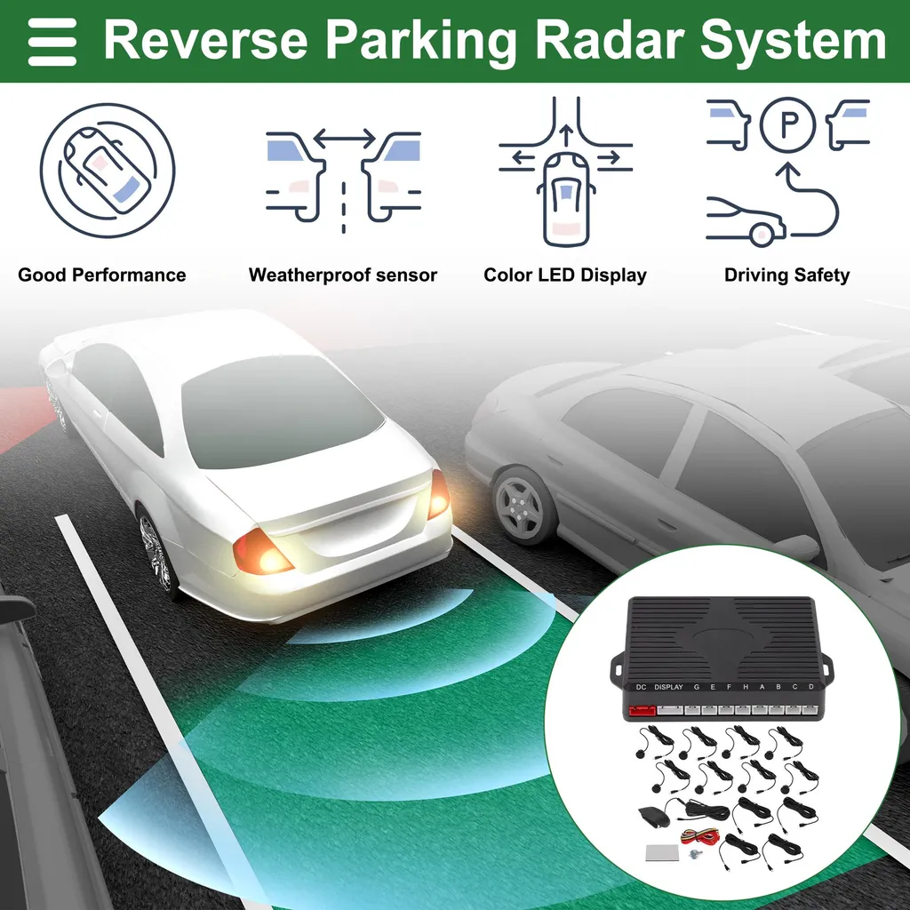 Système de radar de recul noir avec 8 capteurs et avertisseur sonore