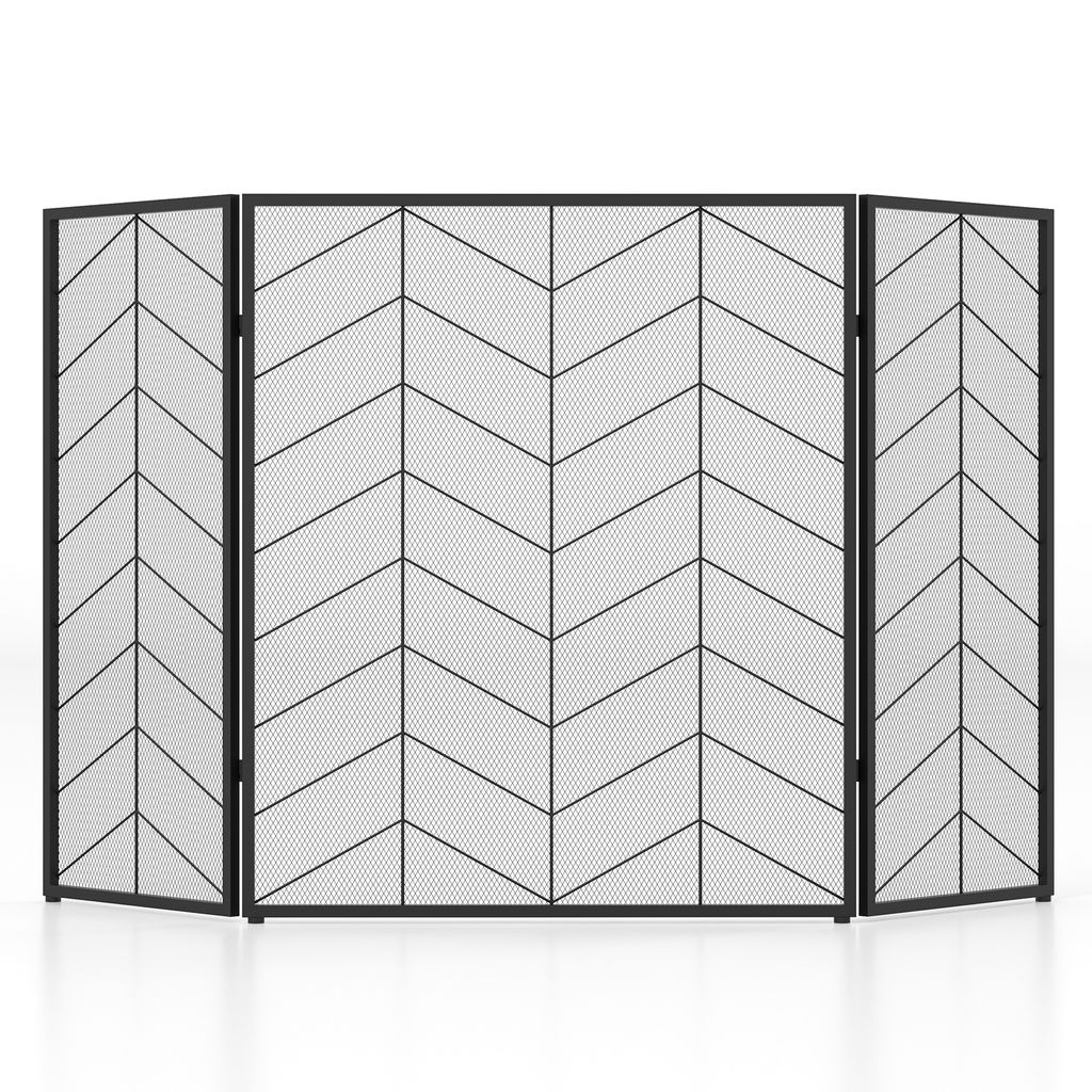 A three-panel fireplace screen with a black metal frame and a mesh screen featuring a black chevron pattern.
