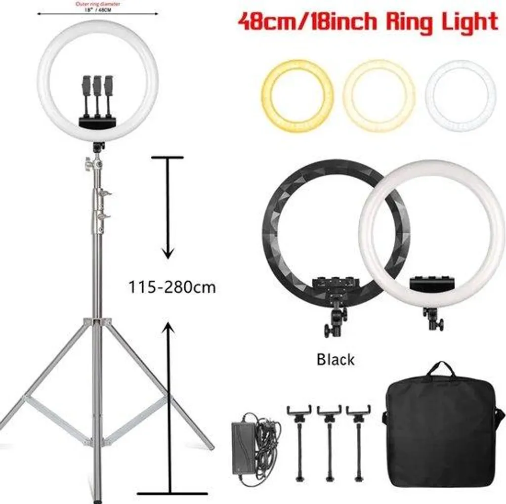 Lampe Annulaire LED 48 cm, trépied 2m et triple support pour Live TikTok