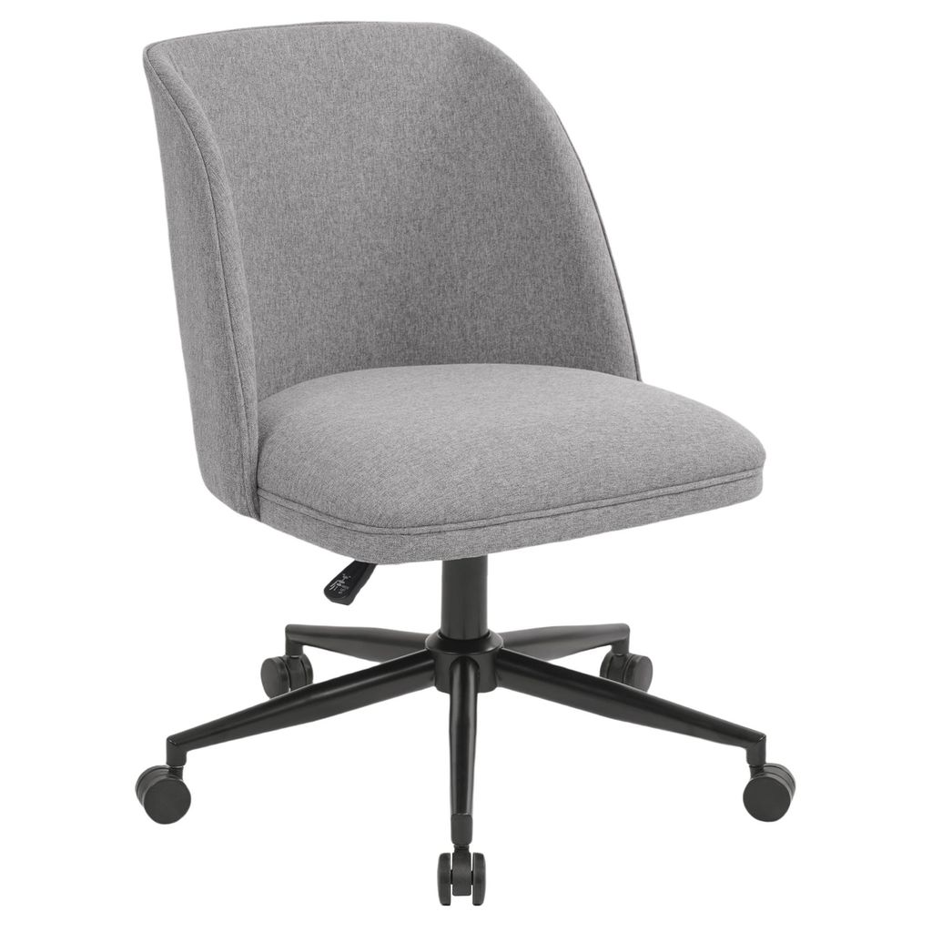 A gray office chair with a black base and wheels, isolated on a white background.