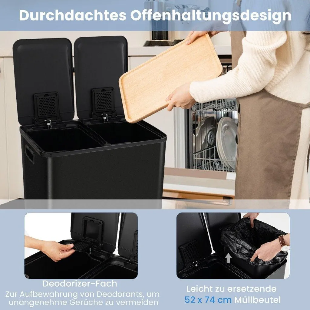 Poubelle de cuisine double compartiment 60 L noire - Fermeture douce - 5
