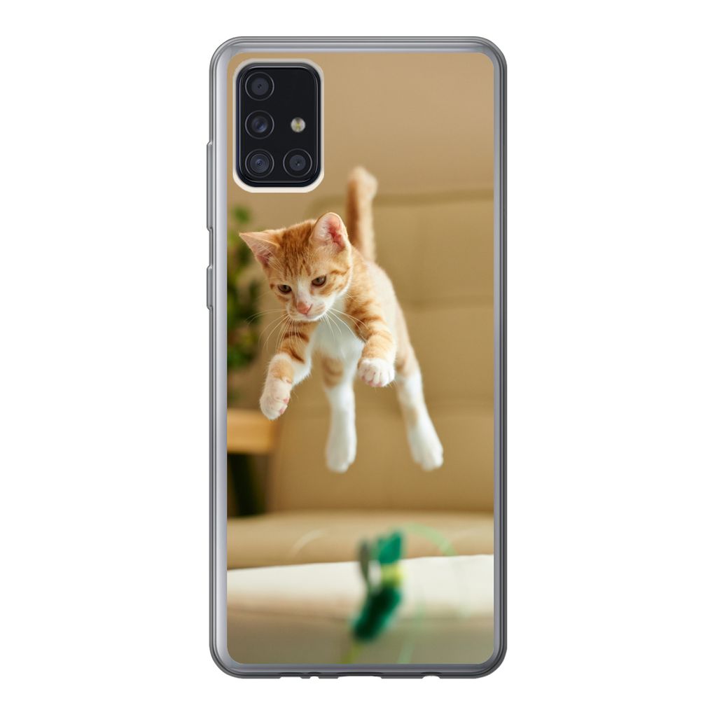 MuchoWow Handyhülle Schutzhülle Hülle für Samsung Galaxy A52 5G Katze - Springen - Spielzeug Silikon Softcase Handy Hülle - Umschlag