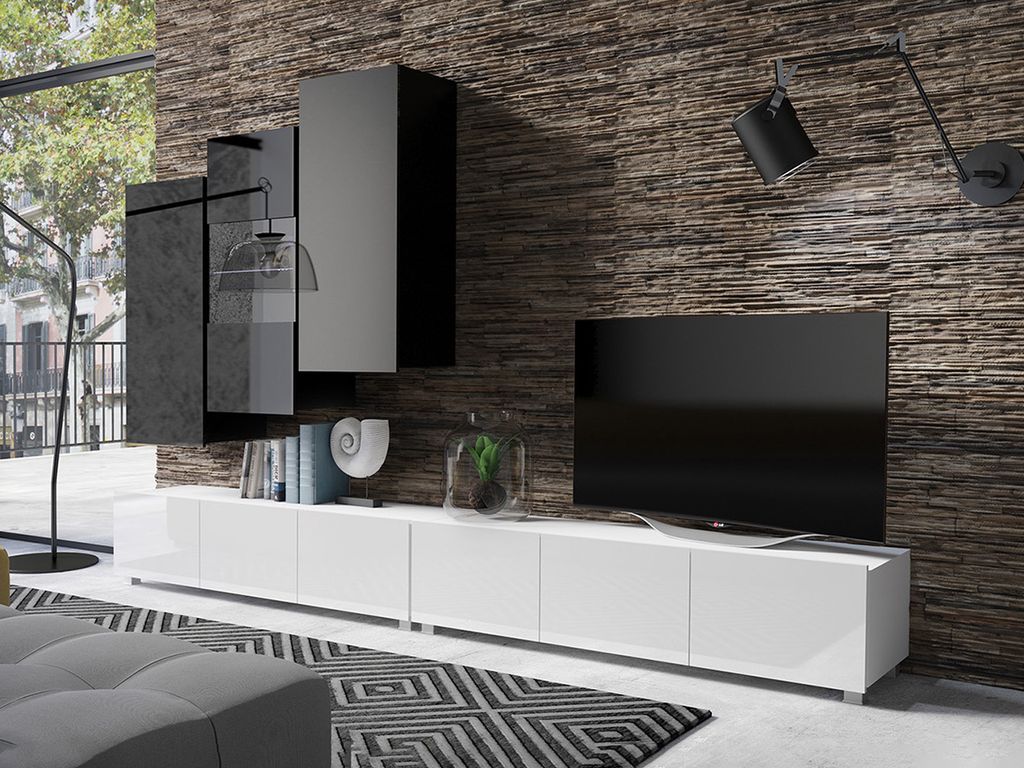 Wohnwand CALABRINI-17 Wohnzimmer-Set Hängewohnwand Schrankwand mit LED-Beleuchtung TV-Schrank Vitrine Moderne Anbauwand Hochglanz (Schwarz / Weiß)