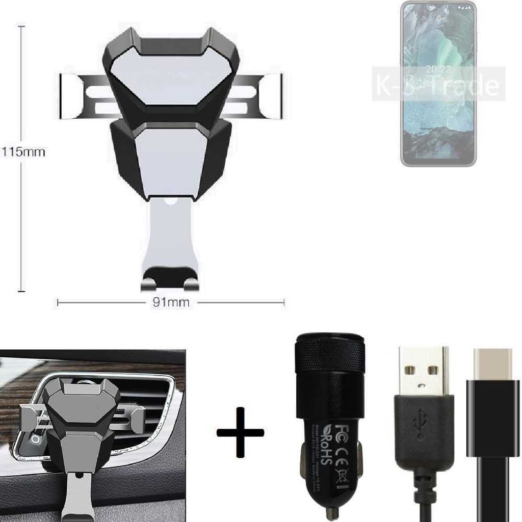 K-S-Trade Lüftungsschlitz Halterung kompatibel mit Nokia G11 Lüftungshalterung Lüftungsgitter schwarz-silber Auto-Halterung Smartphone Halter