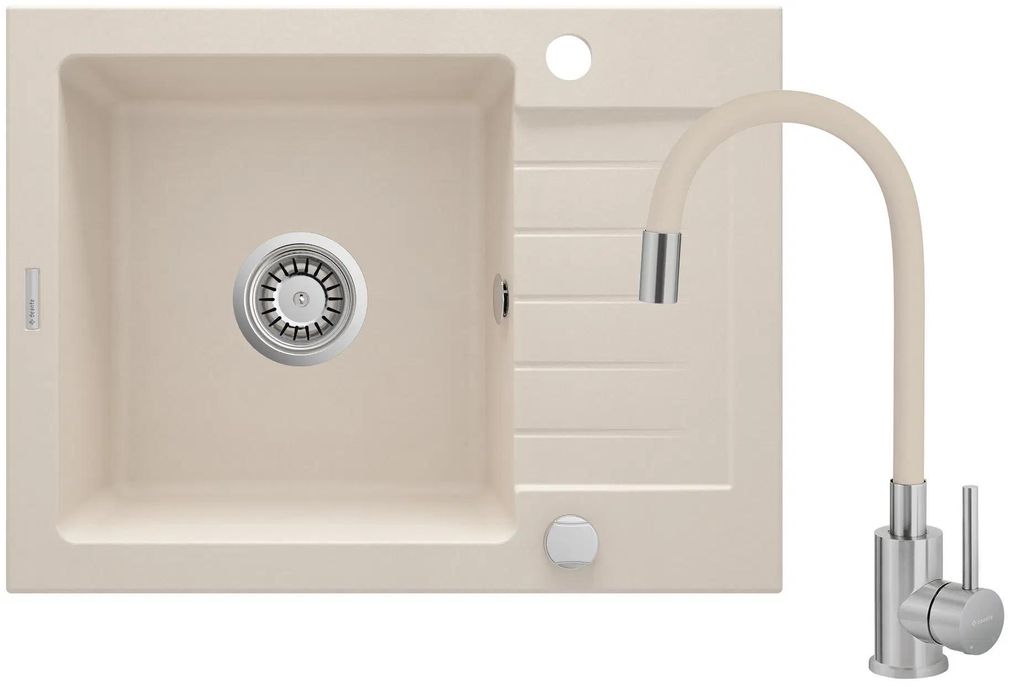 Granitspülbecken mit Armatur, 1-Becken mit Abtropffläche - beige 580 x 440 x 164 mm