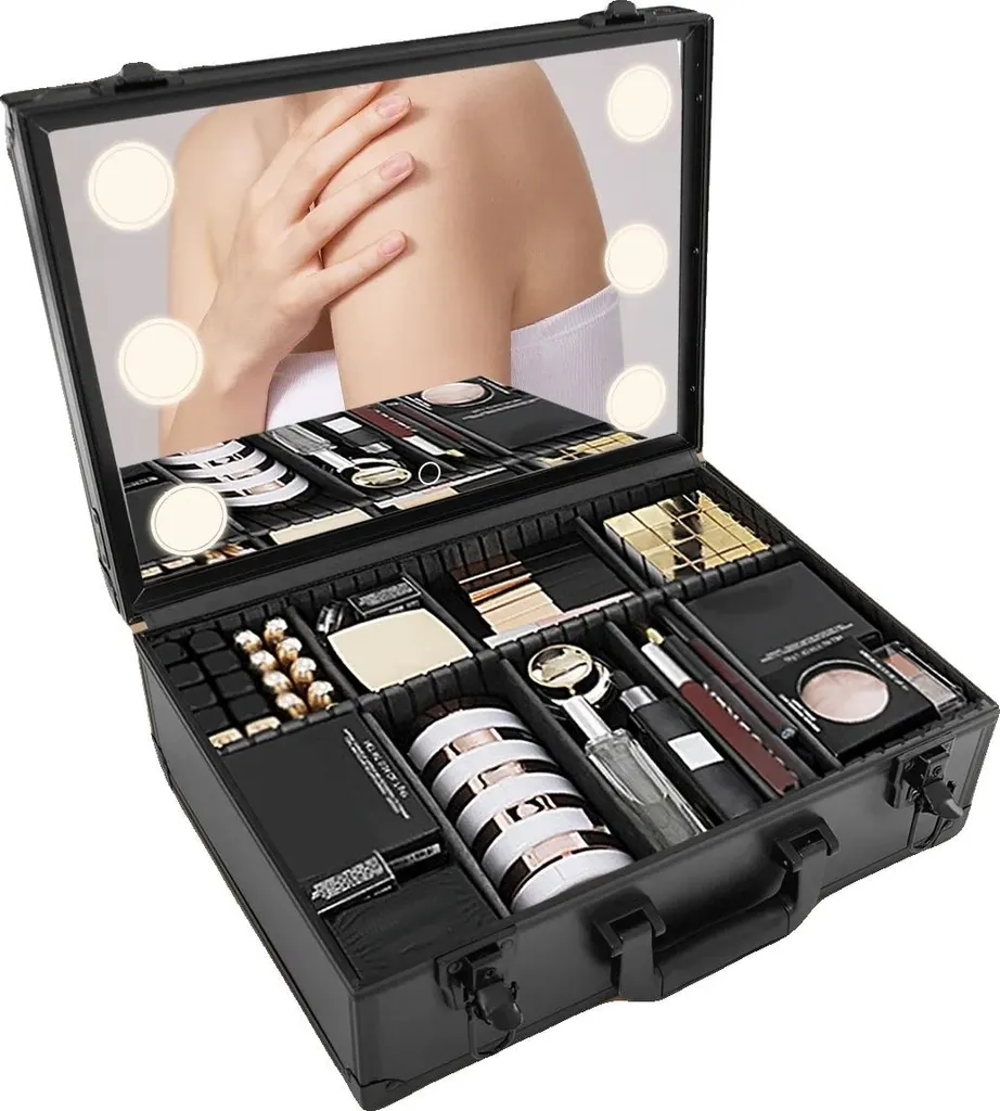 Trousse à cosmétiques avec miroir LED tactile et rangement maquillage L