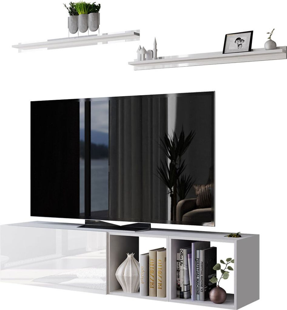 MIRJAN24 Wohnwand Boxing XVII mit grifflosem Öffnen, Schrankwand bestehend aus TV Lowboard, Wandregal (Weiß / Weiß Hochglanz, ohne Füße)