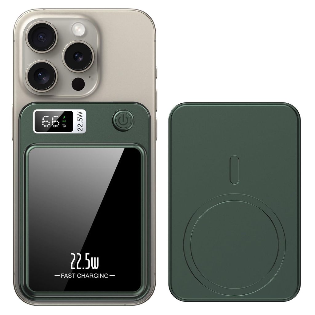 A smartphone with a magnetic wireless power bank attached, and the power bank itself shown separately.