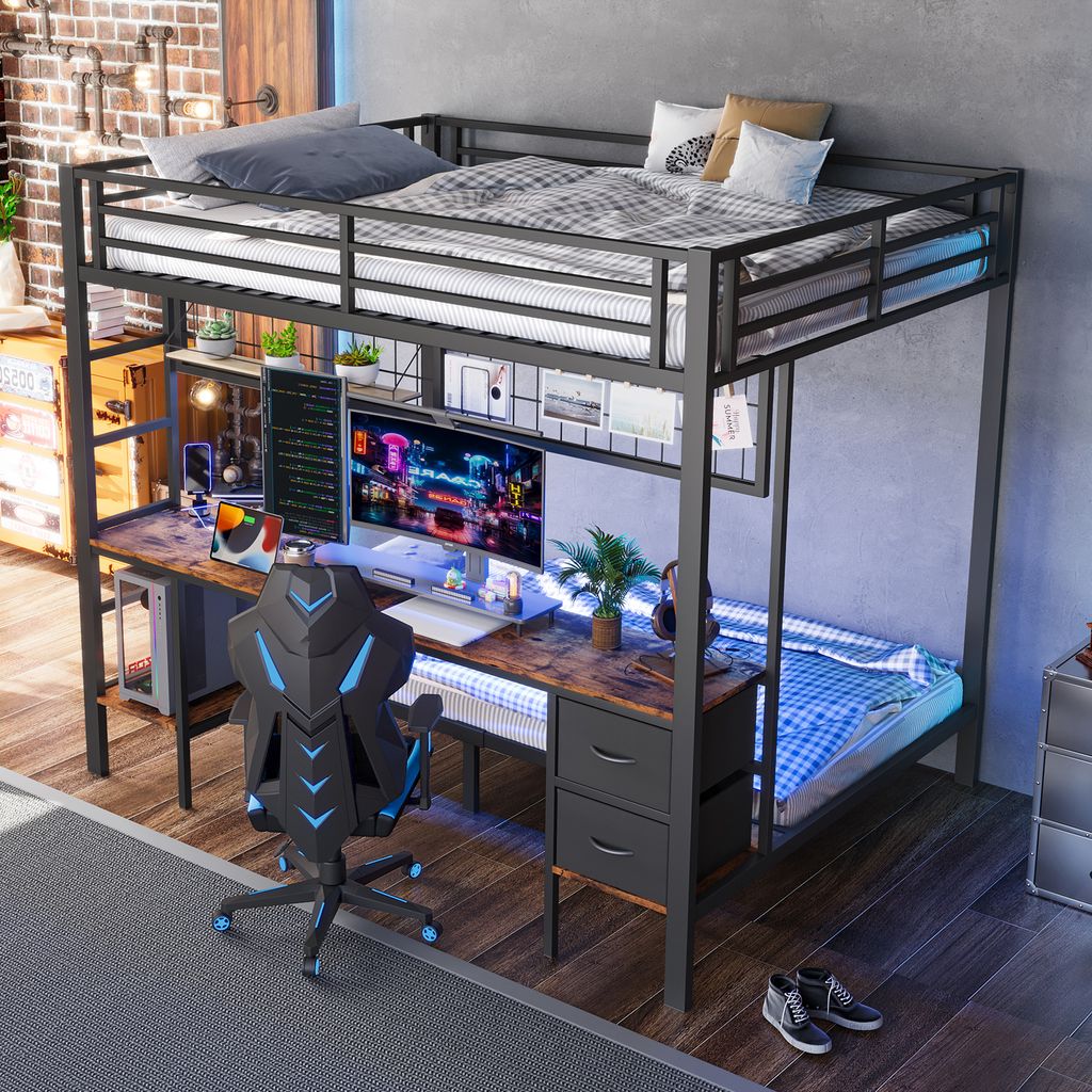 MODFU Hochbett, 90x200&140x200, Kinderbett Jugendbett mit Schubladen&Schreibtisch,Etagenbett mit LED-Leiste& USB-Anschluss, ohne Matratze, schwarz